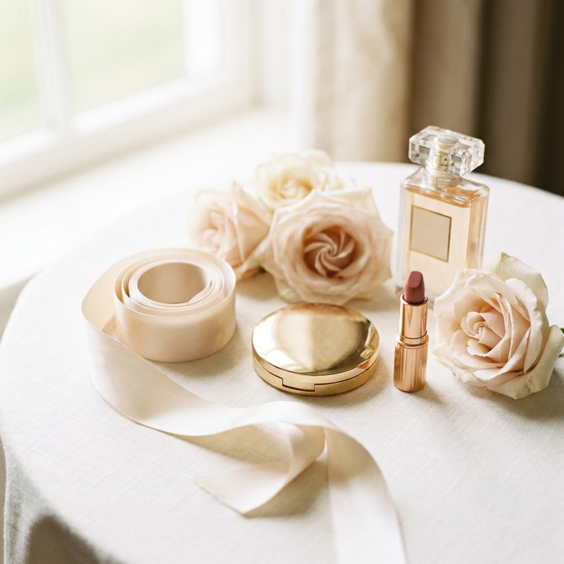 Bridal details, ribbon, roses and makeup